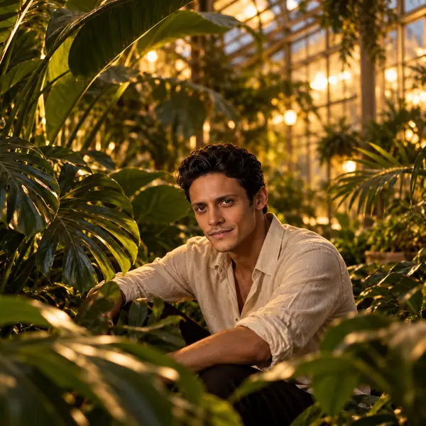 Une personne posant au milieu de grandes feuilles tropicales dans une serre botanique chaleureuse.