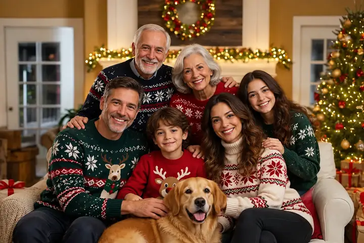 Un tutoriel de portrait de groupe chaleureux montrant plusieurs personnes réunies dans une pièce festive.