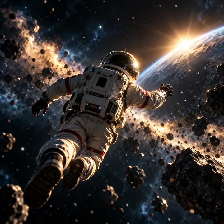 Un astronaute dérivant dans l’espace profond sous un éclairage périphérique cinématographique spectaculaire.