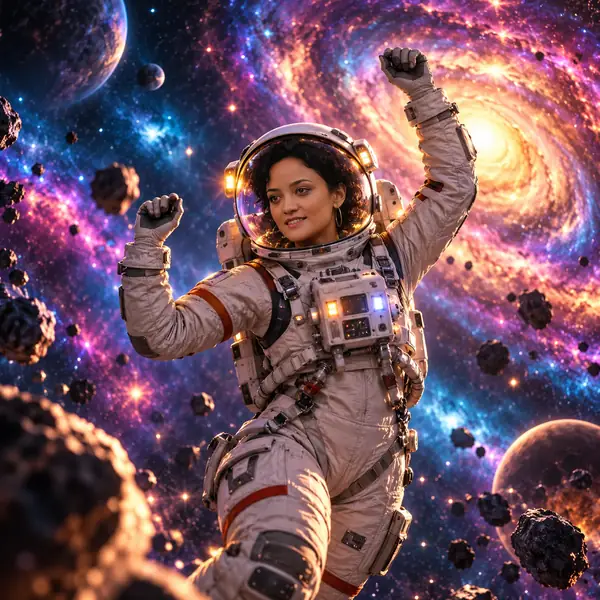 Un astronaute flottant à travers une galaxie remplie d’étoiles dans une combinaison d’exploration détaillée.