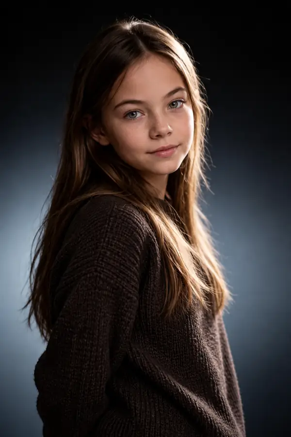 Portrait de Debbie, une jeune fille aux longs cheveux bruns dans un studio sombre.