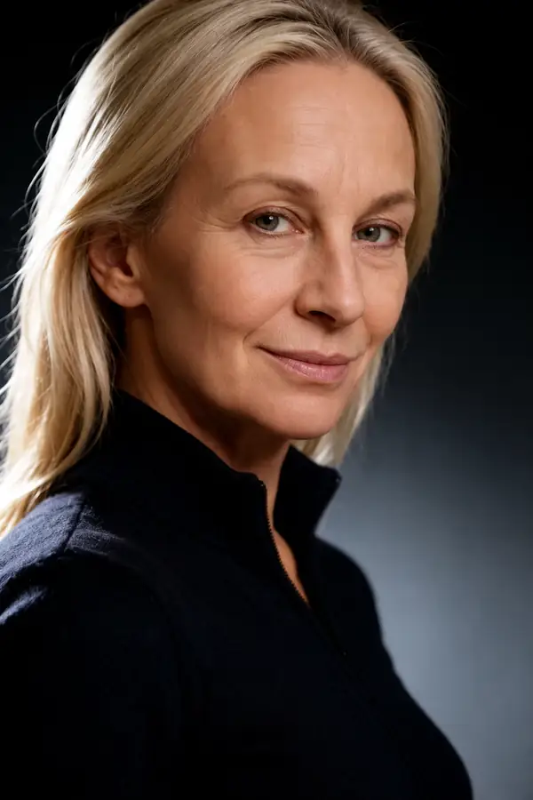 Portrait de Mary, une femme âgée aux cheveux blond pâle dans un studio sombre.
