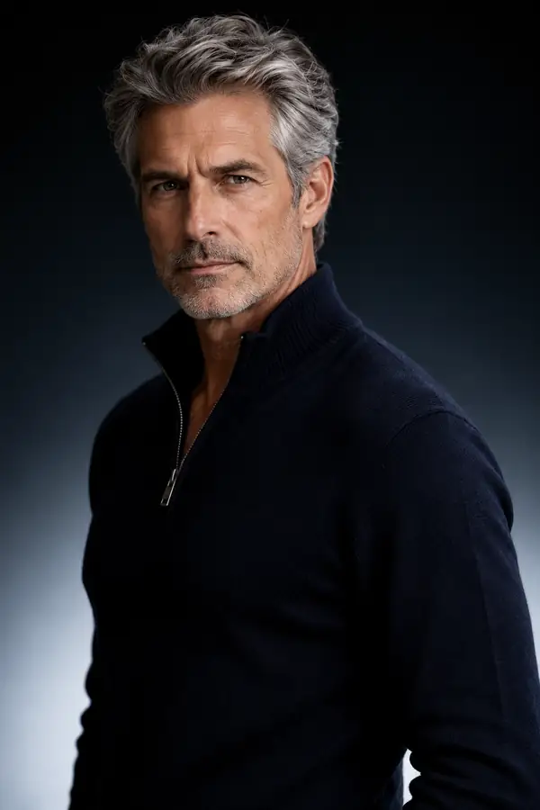 Portrait de Robinson, un homme mûr aux cheveux argentés dans un studio sombre.